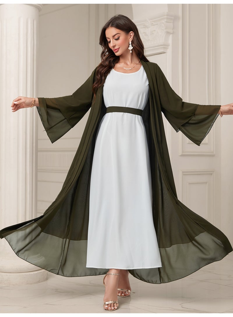 MSL4 Modest Abaya Double-Layer Chiffon Belted Open Front Ramadan - Image 5