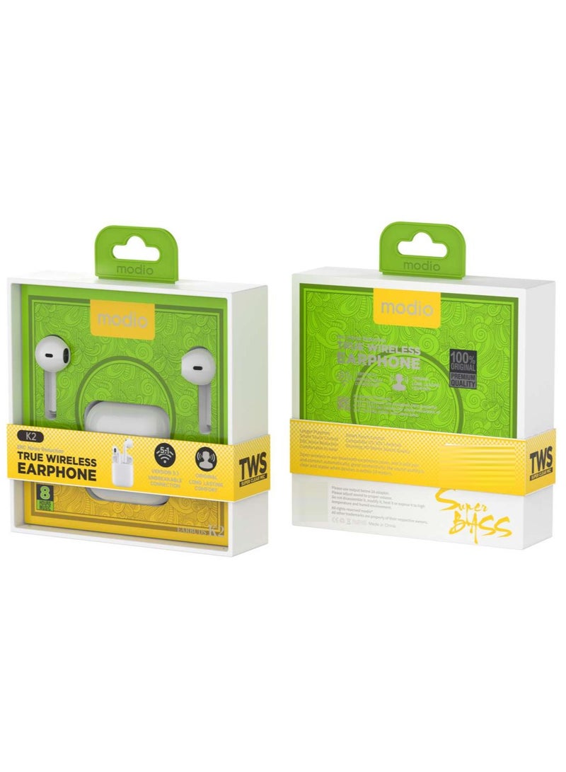 موديو سماعات أذن لاسلكية حقيقية من موديو K2 مع خاصية إلغاء الضوضاء ENC وصوت عالي الجودة وميكروفون نقي للغاية وأدوات تحكم باللمس متوافقة مع الهواتف المحمولة والأجهزة اللوحية التي تعمل بنظام أندرويد، لون أبيض - Image 1