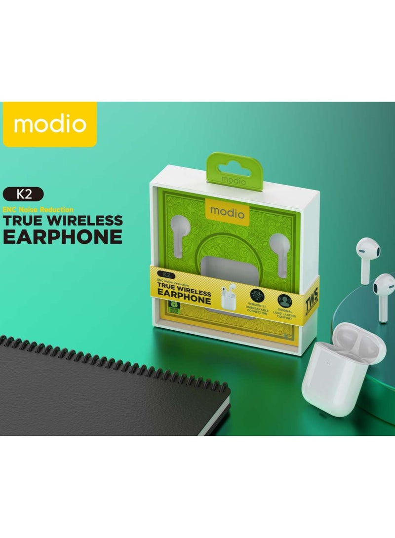 موديو سماعات أذن لاسلكية حقيقية من موديو K2 مع خاصية إلغاء الضوضاء ENC وصوت عالي الجودة وميكروفون نقي للغاية وأدوات تحكم باللمس متوافقة مع الهواتف المحمولة والأجهزة اللوحية التي تعمل بنظام أندرويد، لون أبيض - Image 2