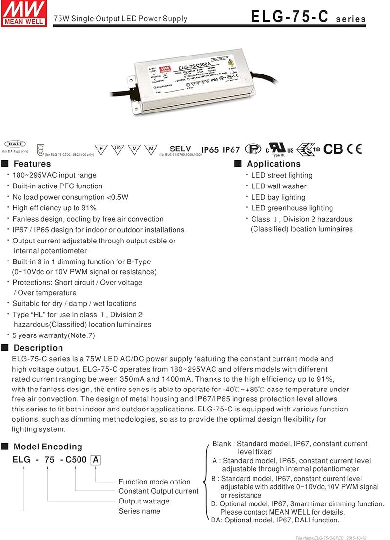 Mean Well ELG 75W 700mA Single Output LED Driver Power Supply with PFC - Image 3