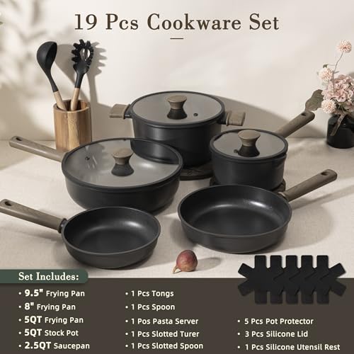 Astercook 19 Pcs Pots and Pans Set Non Stick, Black Titanium Induction Kitchen Cookware Sets, Non toxic Healthy Non Stick Kitchen Cooking Set with Frying Pans Set, PFAS PTFE PFOA PFOS Free - Image 2