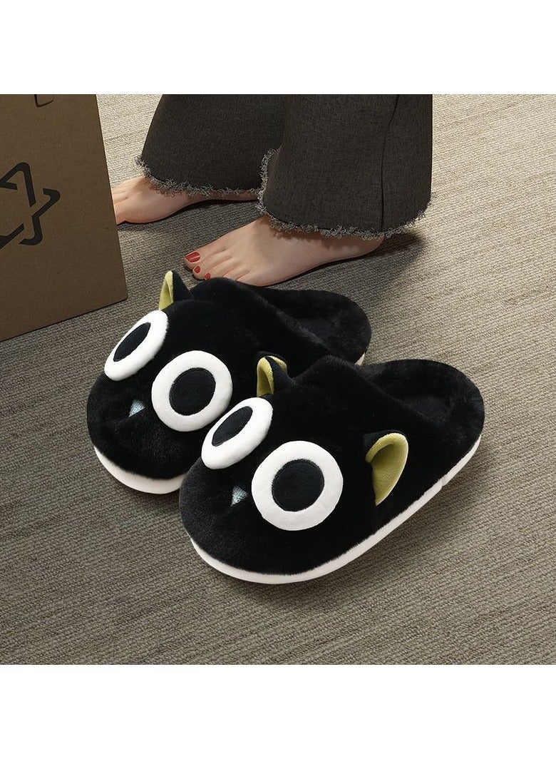 Style نعال كاواي Y2K سوداء من القطن للنساء شتاء 2023 جديدة داخلية منزلية مضادة للانزلاق ذات نعل سميك أحذية لطيفة نعال منزلية من الفرو للرجال - Image 1