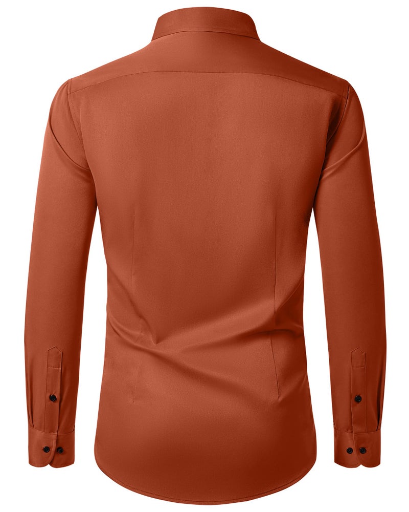 Lusead Burnt Orange Mens Dress Shirts Stretch Wrinkle Free Formal Slim Fit Long Sleeve Button Up Shirts Halloween Party - Image 2