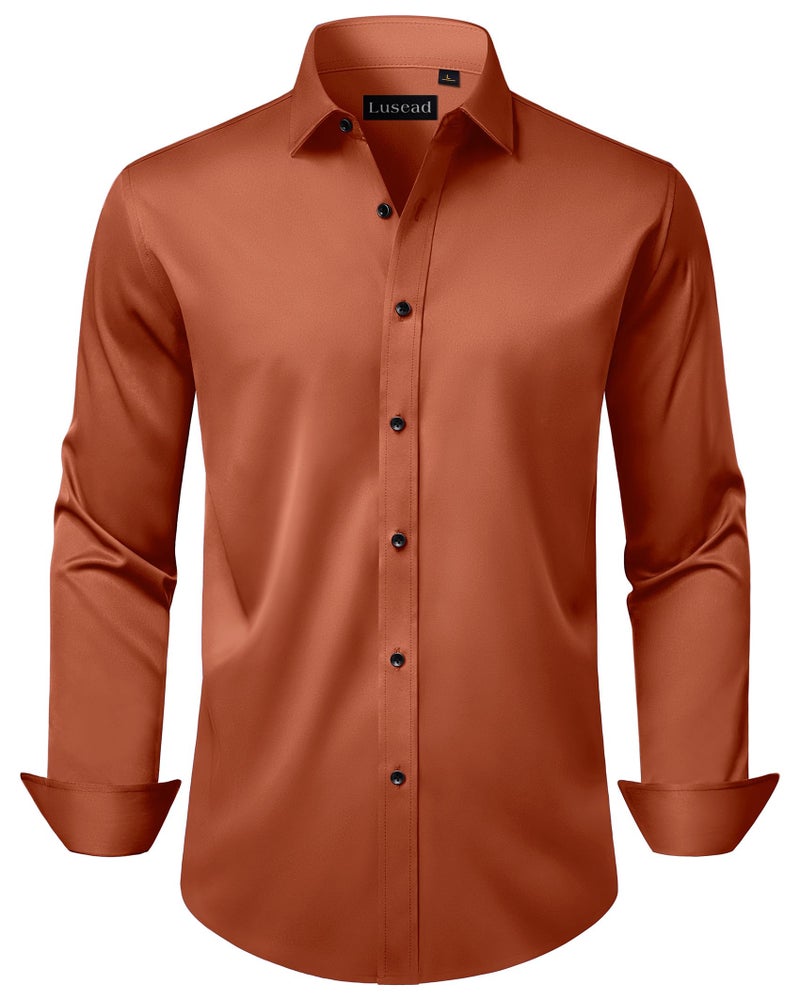 Lusead Burnt Orange Mens Dress Shirts Stretch Wrinkle Free Formal Slim Fit Long Sleeve Button Up Shirts Halloween Party - Image 1
