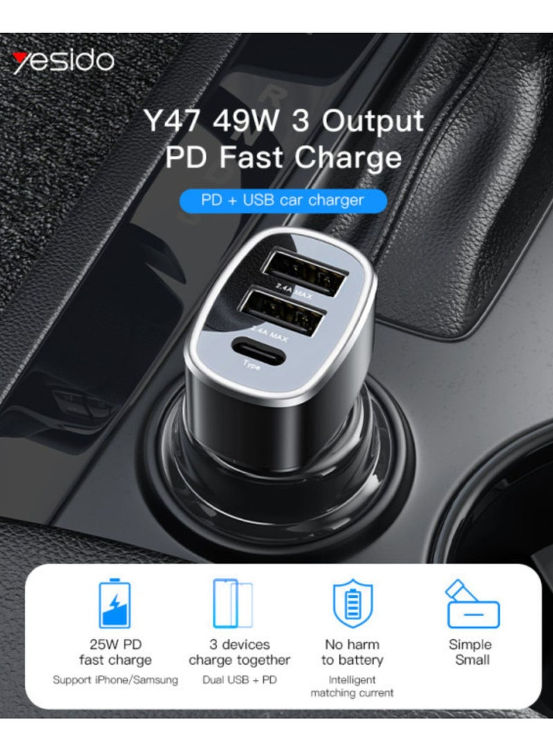 Yesido Y47 3 Ports USB And Type-C PD 25W Total 49W Multifunction Car Charger - Image 2