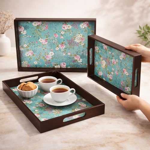 Amimashop® Serving Tray Set 3, Decorative Trays Home Decor, Wooden Tray Dining Table Kitchen Organizer | Try Serving Big Tray Serving, Trey, Large Medium Small - Image 4