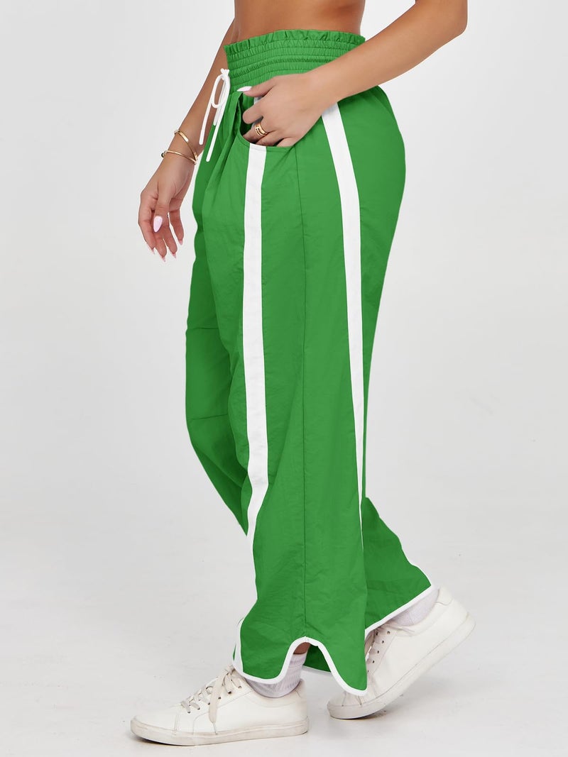 Fisoew Women's Baggy Wide Leg Pants Casual Drawstring Elastic Waisted Contrast Color Workout Y2K Track Pants Green - Image 3