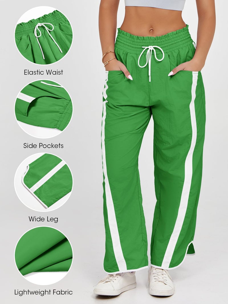 Fisoew Women's Baggy Wide Leg Pants Casual Drawstring Elastic Waisted Contrast Color Workout Y2K Track Pants Green - Image 5