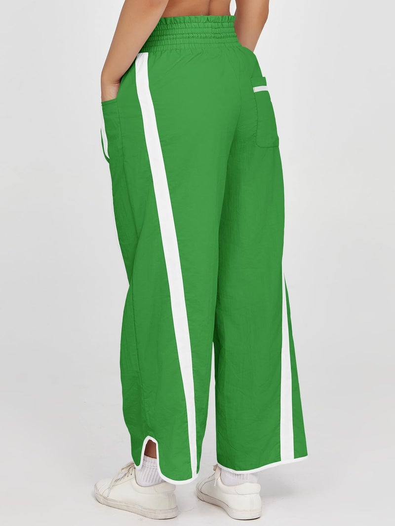 Fisoew Women's Baggy Wide Leg Pants Casual Drawstring Elastic Waisted Contrast Color Workout Y2K Track Pants Green - Image 4