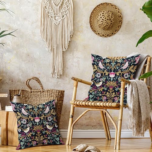 aportt Chinoiserie Floral Bird Colorful Pillow Covers 18X18 in Set of 2 Hot Pink Tan Teal Green Pimpernel Flower Throw Pillow Cases Vintage Art Pillowcases Home Decor for Couch Patio Sofa Porch - Image 2