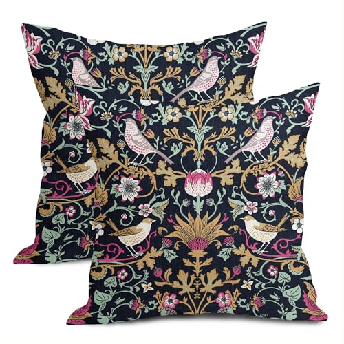 aportt Chinoiserie Floral Bird Colorful Pillow Covers 18X18 in Set of 2 Hot Pink Tan Teal Green Pimpernel Flower Throw Pillow Cases Vintage Art Pillowcases Home Decor for Couch Patio Sofa Porch - Image 1