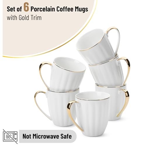 Brew To A Tea BTaT- White Coffee Mugs Set of 6 (12 oz), Porcelain White Coffee Mug Set with Gold Trim Design, Christmas Gifts - Image 2