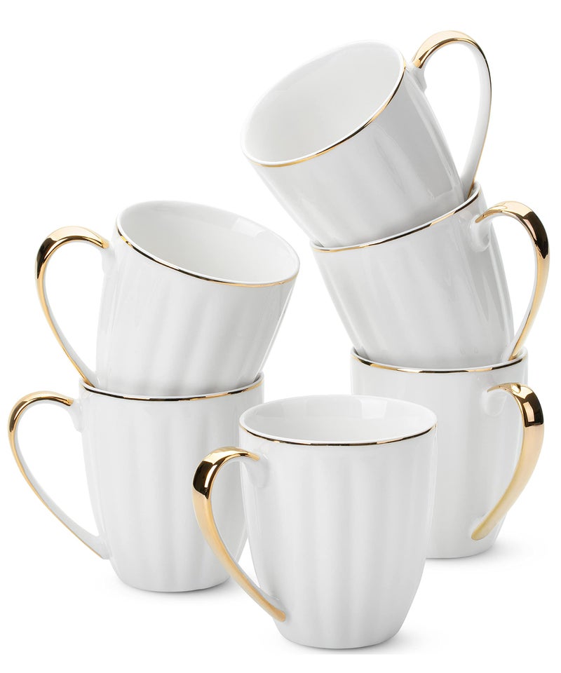 Brew To A Tea BTaT- White Coffee Mugs Set of 6 (12 oz), Porcelain White Coffee Mug Set with Gold Trim Design, Christmas Gifts - Image 1