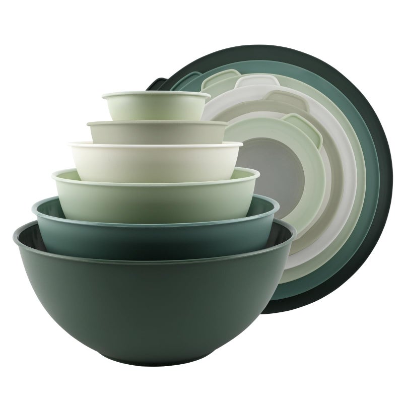 COOK WITH COLOR Mixing Bowls with TPR Lids 12 Piece Plastic Nesting Bowls Set includes 6 Prep Bowls and 6 Lids Microwave Safe Sage