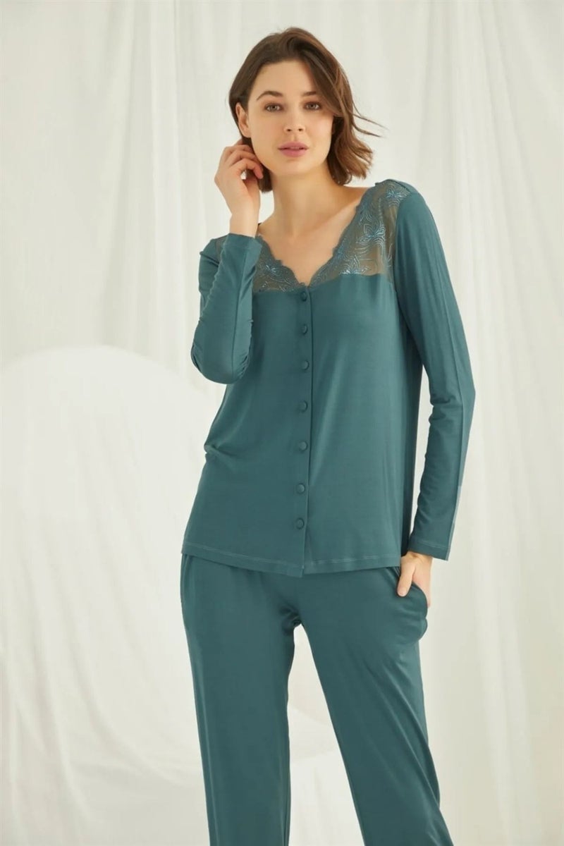 Monamise 19307 Women's Long Sleeve Lace Collar and Shoulder Pajama Set with Buttons on the Front - Green  - Image 2