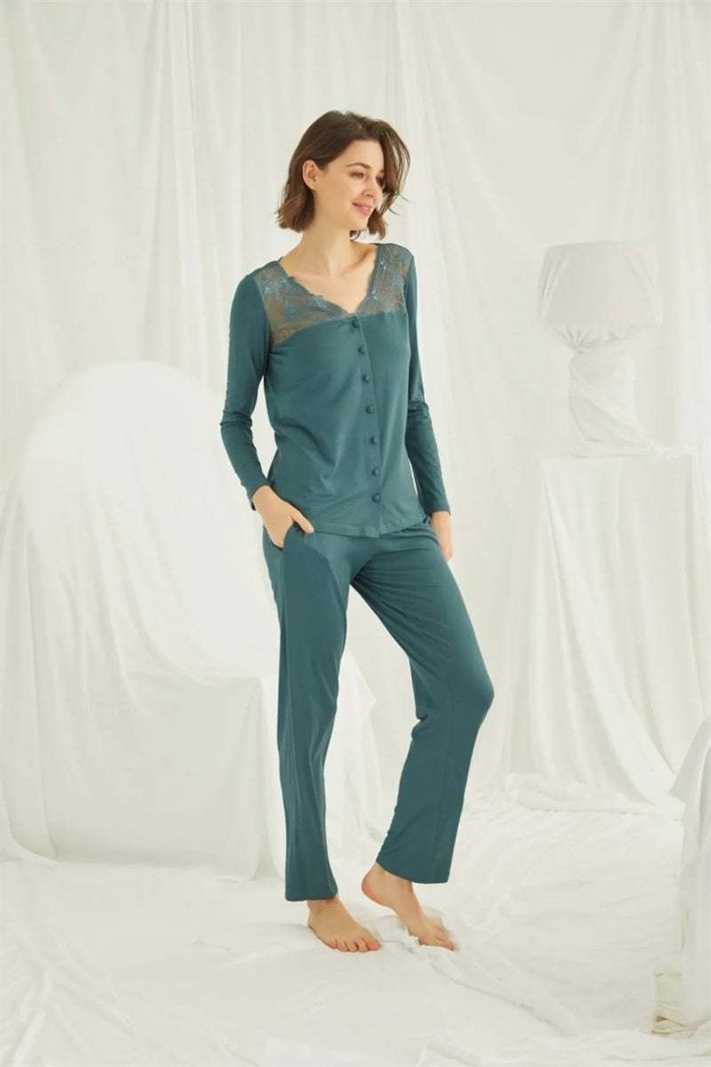 Monamise 19307 Women's Long Sleeve Lace Collar and Shoulder Pajama Set with Buttons on the Front - Green  - Image 1