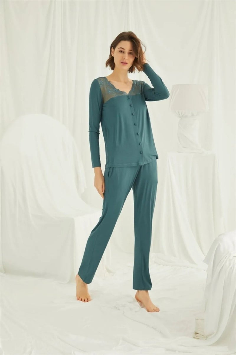 Monamise 19307 Women's Long Sleeve Lace Collar and Shoulder Pajama Set with Buttons on the Front - Green  - Image 5