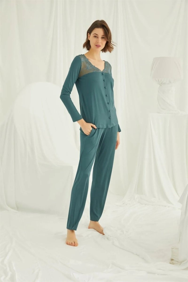 Monamise 19307 Women's Long Sleeve Lace Collar and Shoulder Pajama Set with Buttons on the Front - Green  - Image 4