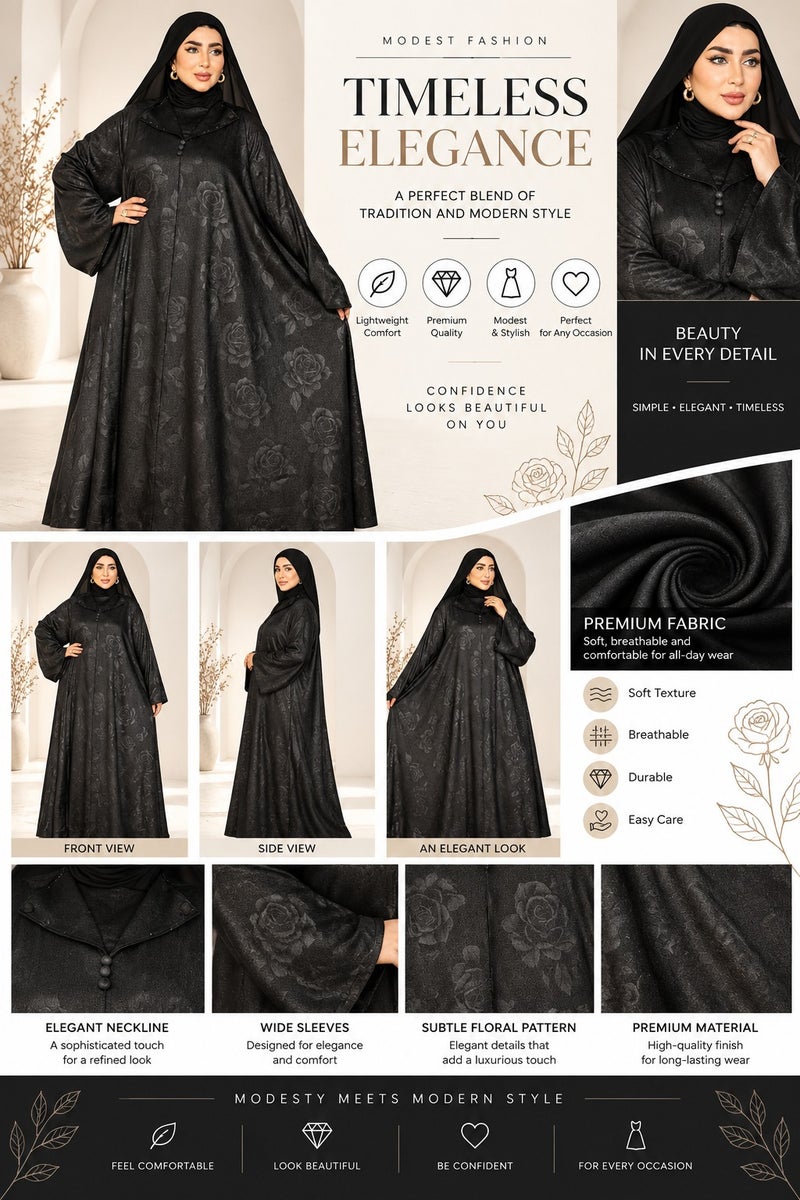 Elegant Black Women's Abaya with Floral Embroidery Details, Suitable for Formal & Daily Occasions, Color: Black - Size 4xl-130kg - Image 5
