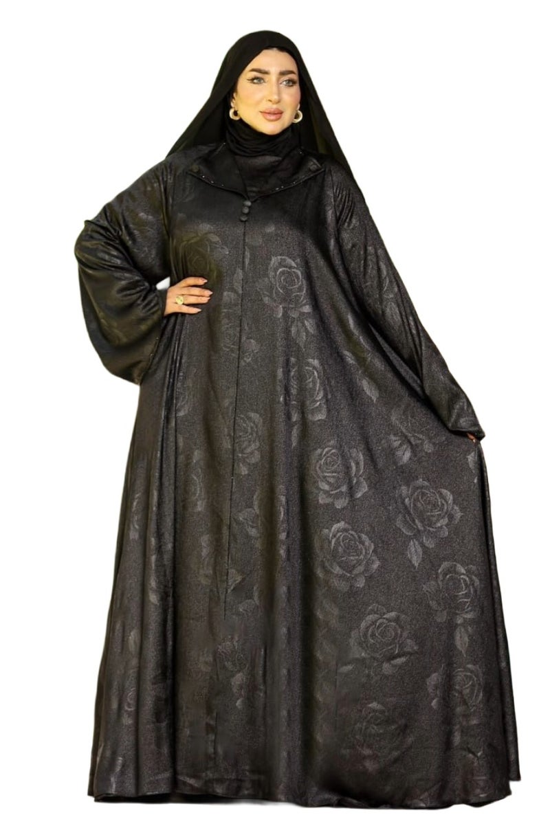 Elegant Black Women's Abaya with Floral Embroidery Details, Suitable for Formal & Daily Occasions, Color: Black - Size 4xl-130kg - Image 2