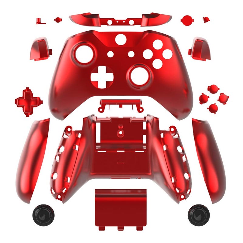 Chrome color Case Housing Full Shell Set Faceplates + ABXY Buttons + RB LB Bumpers + Right/Left Rails for Xbox One S Slim (3.5 mm Headphone Jack) Controllers (Chrome Red) for 1807 version