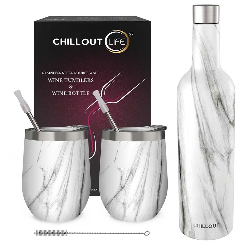 كؤوس النبيذ من CHILLOUT LIFE المصنوعة من الفولاذ المقاوم للصدأ - عبوة من 2 بسعة 12 أونصة - زجاجة نبيذ معزولة مزدوجة الجدار مع أغطية وقشات - رخام كارارا