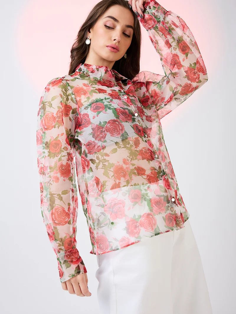 globus Women Collared Neck Cuffed Sleeves Floral Print Organza Shirt Style Party Top