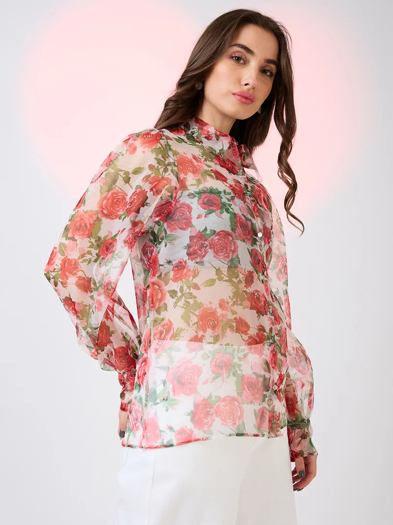 globus Women Collared Neck Cuffed Sleeves Floral Print Organza Shirt Style Party Top