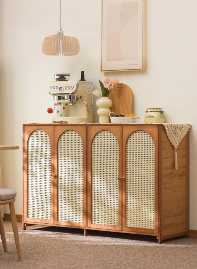 WALALLA Rattan Storage Cabinet with 4 Doors, Boho Sideboard Buffet Cabinet Solid Wood Farmhouse Credenza Cabinet Dustproof Display Cabinet Locker Bookcase Display Shelves with Adjustable Shelves for Living Room Kitchen Entryway Hallway - Image 3
