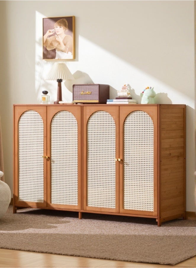 WALALLA Rattan Storage Cabinet with 4 Doors, Boho Sideboard Buffet Cabinet Solid Wood Farmhouse Credenza Cabinet Dustproof Display Cabinet Locker Bookcase Display Shelves with Adjustable Shelves for Living Room Kitchen Entryway Hallway - Image 1