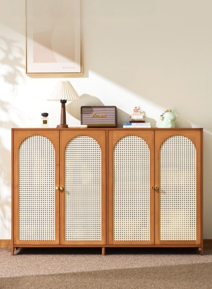 WALALLA Rattan Storage Cabinet with 4 Doors, Boho Sideboard Buffet Cabinet Solid Wood Farmhouse Credenza Cabinet Dustproof Display Cabinet Locker Bookcase Display Shelves with Adjustable Shelves for Living Room Kitchen Entryway Hallway - Image 4