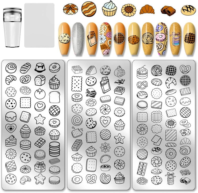 PH PandaHall 3pcs Dessert Theme Nail Stamping Plates Cookies Cake Nails Art Stencils Bakery Chocolate Nails Image Plates Food Pattern Manicure Art Templates for Women DIY Manicures Salon Design