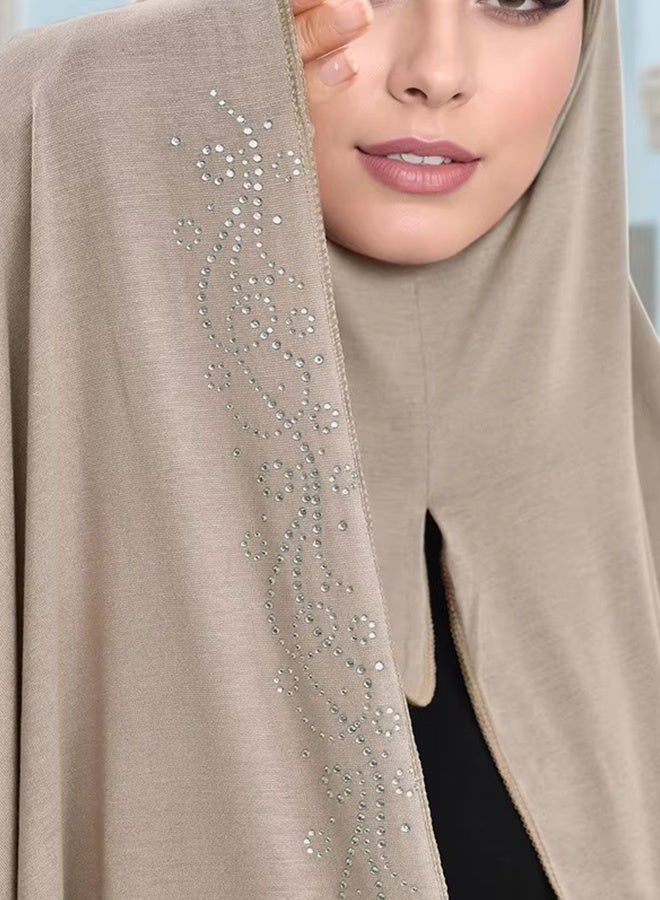 حجاب فوري فاخر من قطن جيرسي مزين بأحجار الراين، بحلقتين، غطاء رأس إسلامي، وشاح، عمامة أنبوبية - Image 3