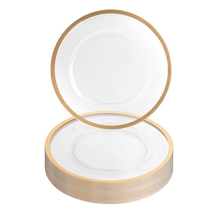 13INCH CHARGER PLATES 16 PACK CLEAR GOLD RIM HEAVYDUTY DISPOSABLE CHARGERS FOR ELEGANT DINING IDEAL FOR WEDDINGS AND FORMAL EVENTS