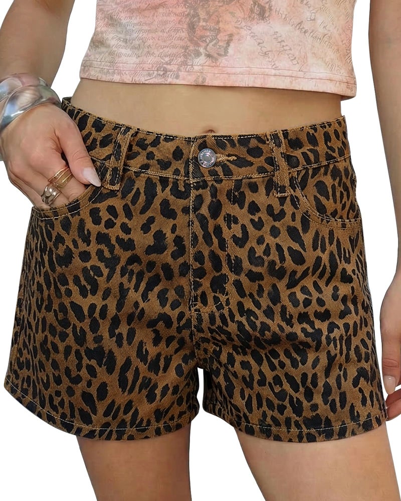 luvamia Jean Shorts for Women High Waisted Cheetah Leopard Print Jean Shorts Women Stretchy Denim Summer Casual Jorts Brown Cheetah Size Large Fits US 12-14 - Image 1