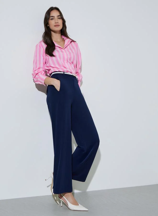 ستايلي Navy Blue Solid Wide Leg Pocket Details Trousers