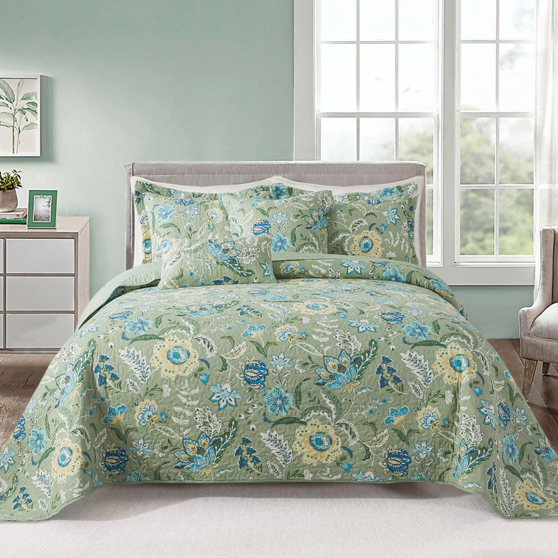 VAPUTAR Queen Quilt Bedding Set  Cotton Bedspreads Queen Size 90 x 98 inch with Floral Pattern Farmhouse Lightweight Queen Size Quilt Suitable for All Season3 Pieces Olive Green