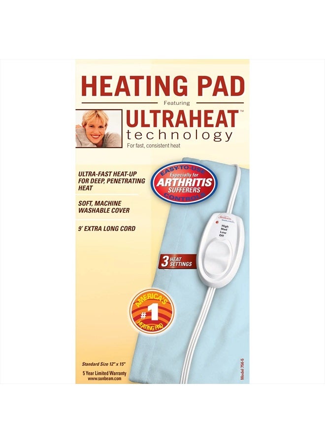 Sunbeam Heating Pad for Pain Relief | Standard Size Ultra Heat, 3 Heat Settings | Light Blue, 12 Inch x 15 Inch - Image 3