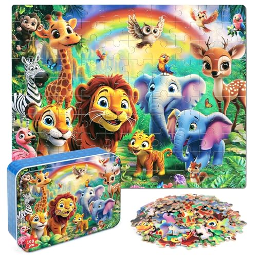 MZZOTOY Jungle Animals Puzzles for Kids Ages 48 100 Pieces Jigsaw Puzzles for Kids Ages 35 Puzzle for Girls and Boys Learning Educational Puzzles Toys in a Metal Box - Image 1