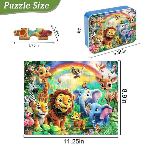 MZZOTOY Jungle Animals Puzzles for Kids Ages 48 100 Pieces Jigsaw Puzzles for Kids Ages 35 Puzzle for Girls and Boys Learning Educational Puzzles Toys in a Metal Box - Image 5