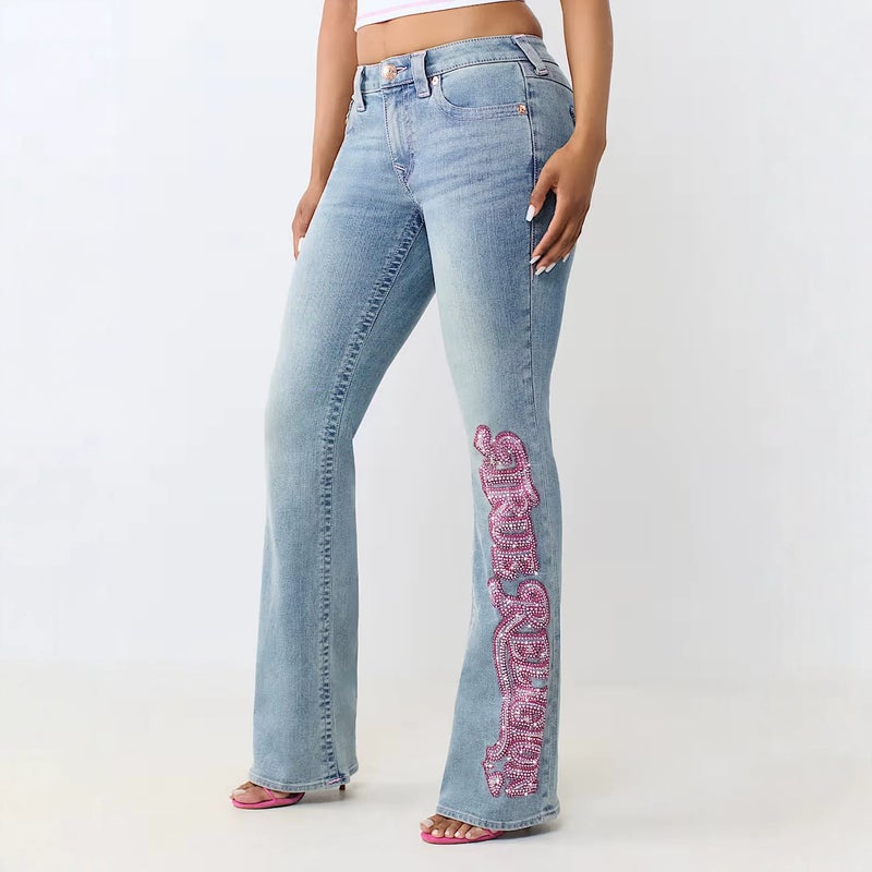 Women's Washed Denim Jeans with Rhinestone Detail - Image 1