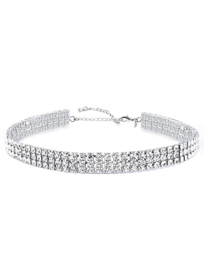 Zealmer 3 Row Rhinestone Choker Necklace For Women White Gold Plated 12.4 Inch - Image 1