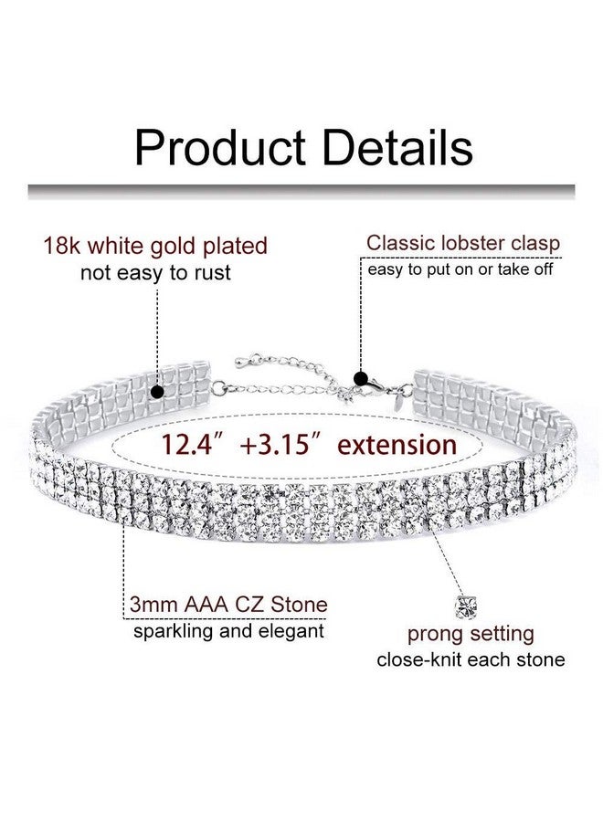 Zealmer 3 Row Rhinestone Choker Necklace For Women White Gold Plated 12.4 Inch - Image 2