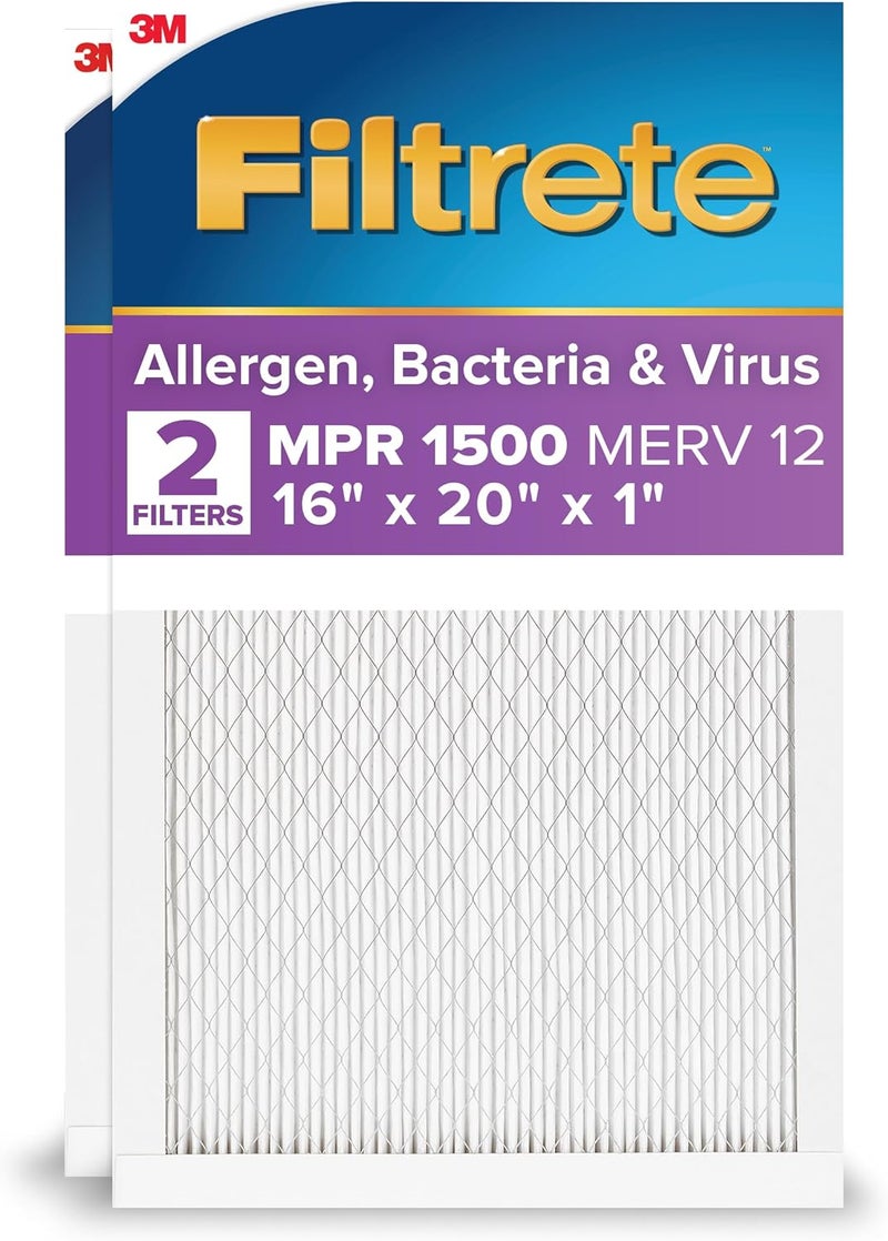 FILTRETE 16x20x1 AC Furnace Air Filter, MERV 12, MPR 1500, CERTIFIED asthma & allergy friendly, 3 Month Pleated 1-Inch Electrostatic Air Cleaning Filter, 2-Pack (Actual Size 15.69x19.81x0.78 in) - Image 1