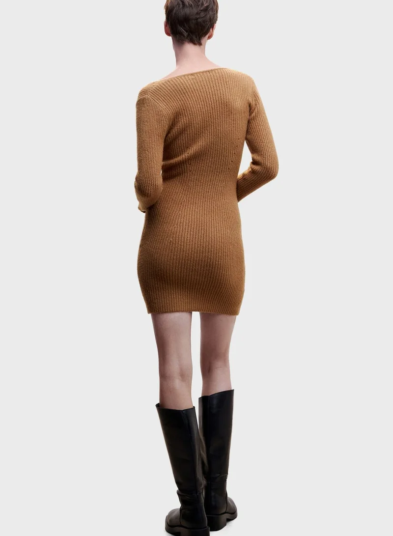 MANGO Ribbed V-Neck Dress