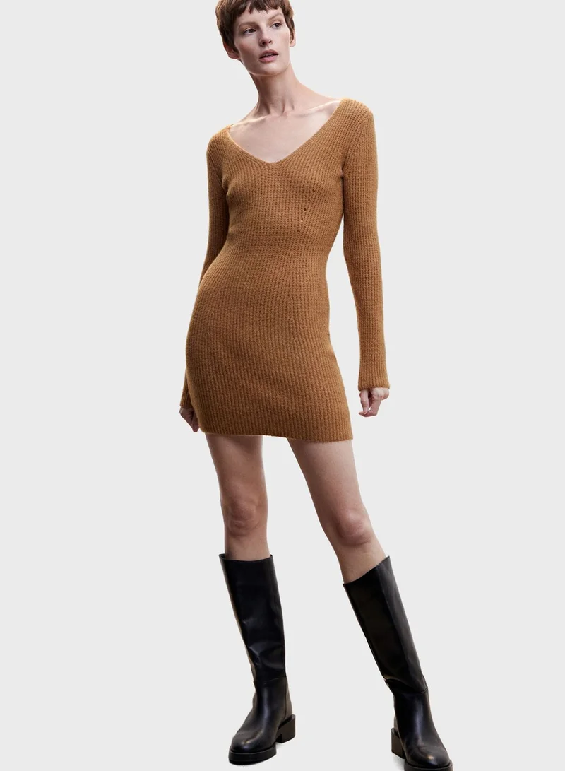 MANGO Ribbed V-Neck Dress