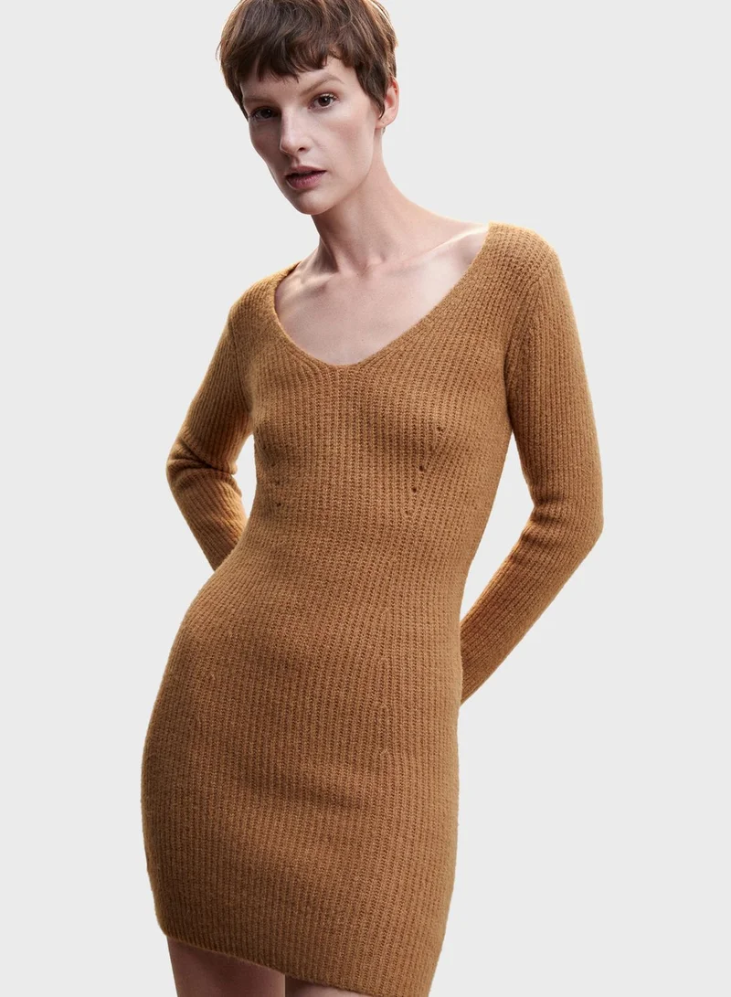 MANGO Ribbed V-Neck Dress