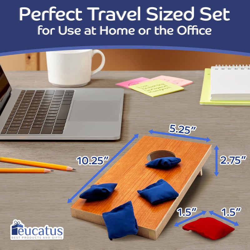 EUCATUS BEST PRODUCTS & GIFTS Super Fun, Portable Mini Desktop Cornhole Set of 2. Coated Wood Boards with 4 Red 4 Blue Bags. Gift for Students, Office Employees or Work from Home. Simple Easy Tabletop Game for Groups or Solo! - Image 2