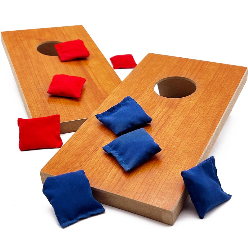 EUCATUS BEST PRODUCTS & GIFTS Super Fun, Portable Mini Desktop Cornhole Set of 2. Coated Wood Boards with 4 Red 4 Blue Bags. Gift for Students, Office Employees or Work from Home. Simple Easy Tabletop Game for Groups or Solo! - Image 1