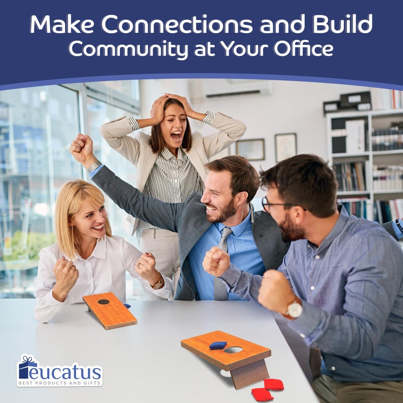 EUCATUS BEST PRODUCTS & GIFTS Super Fun, Portable Mini Desktop Cornhole Set of 2. Coated Wood Boards with 4 Red 4 Blue Bags. Gift for Students, Office Employees or Work from Home. Simple Easy Tabletop Game for Groups or Solo! - Image 3